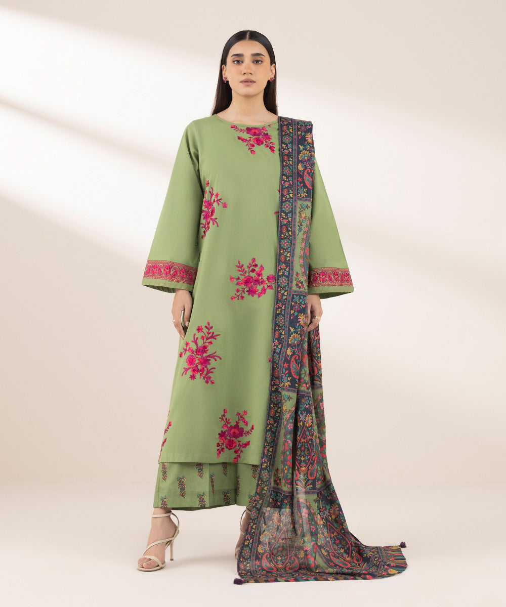 Women's RTW Textured Lawn Green Embroidered A-Line Shirt