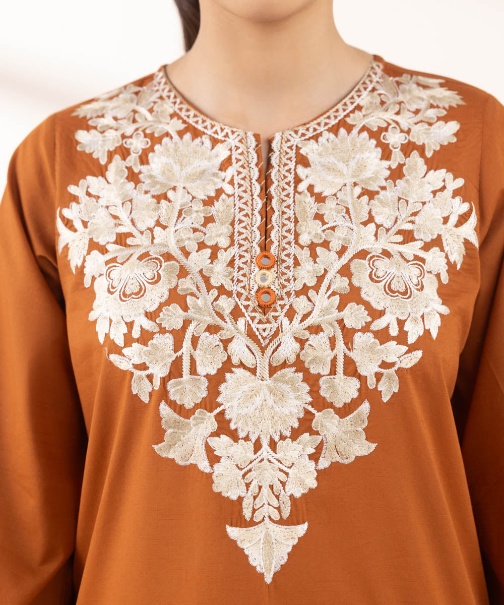 Women's RTW Textured Lawn Brown Embroidered A-Line Shirt
