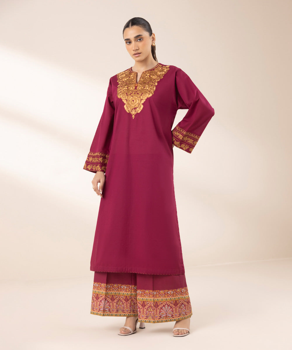 Women's RTW Textured Lawn Red Embroidered Boxy Shirt