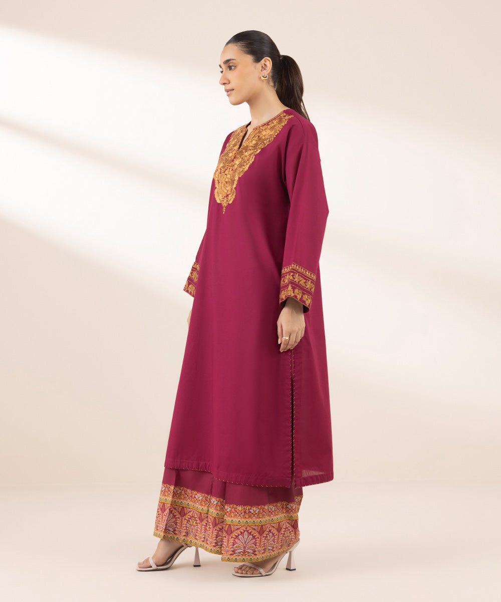 Women's RTW Textured Lawn Red Embroidered Boxy Shirt