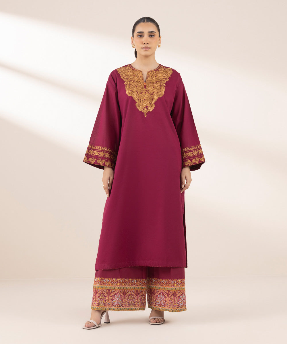 Women's RTW Textured Lawn Red Embroidered Boxy Shirt