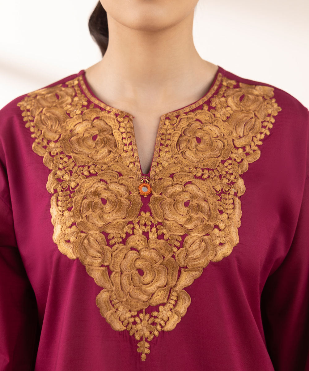Women's RTW Textured Lawn Red Embroidered Boxy Shirt