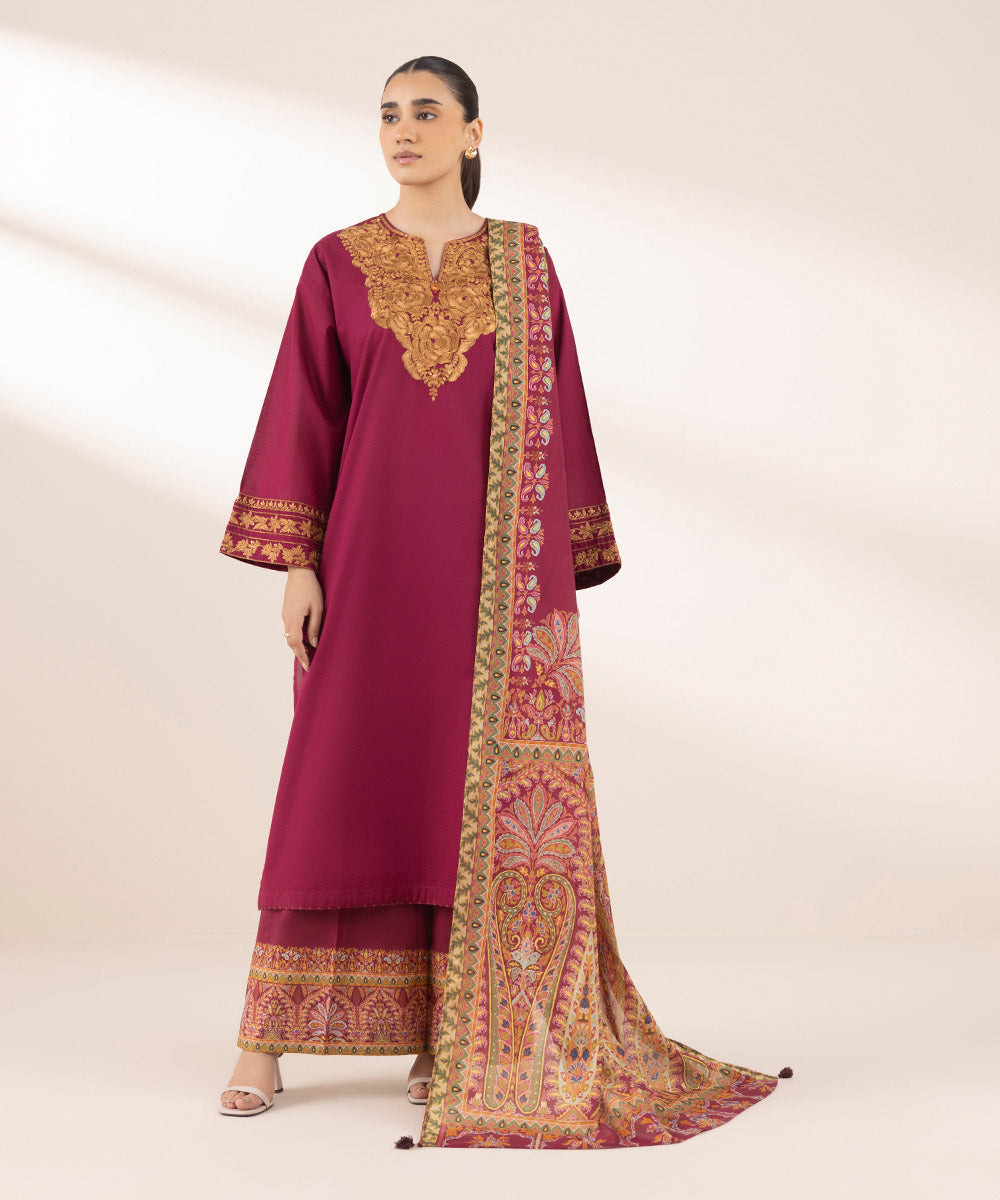 Women's RTW Textured Lawn Red Embroidered Boxy Shirt