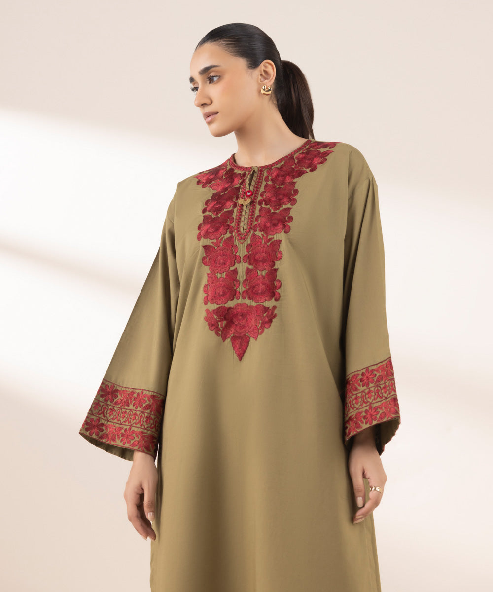 Women's RTW Textured Lawn Green Embroidered Boxy Shirt