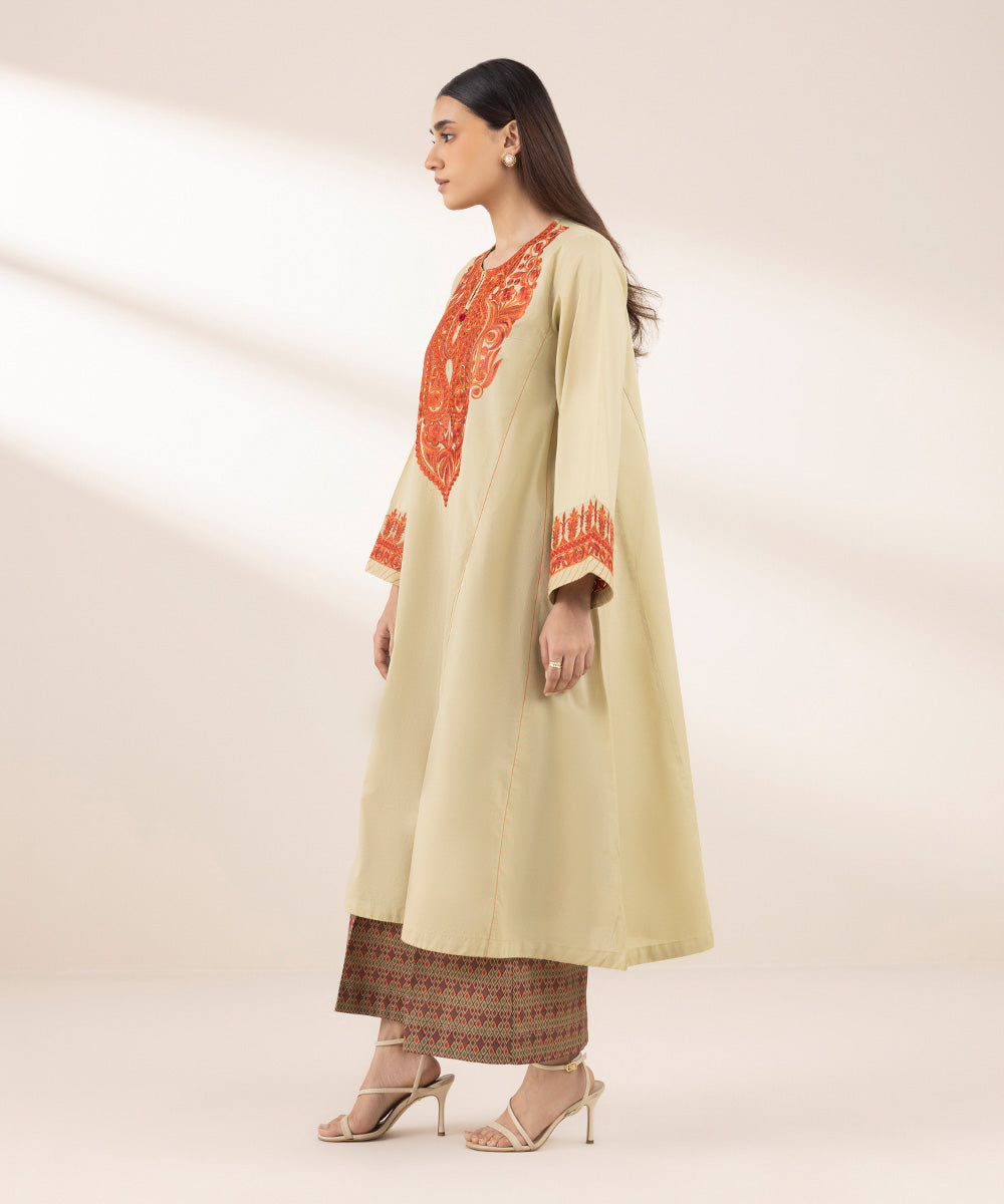 Women's RTW Textured Lawn Yellow Embroidered A-Line Shirt