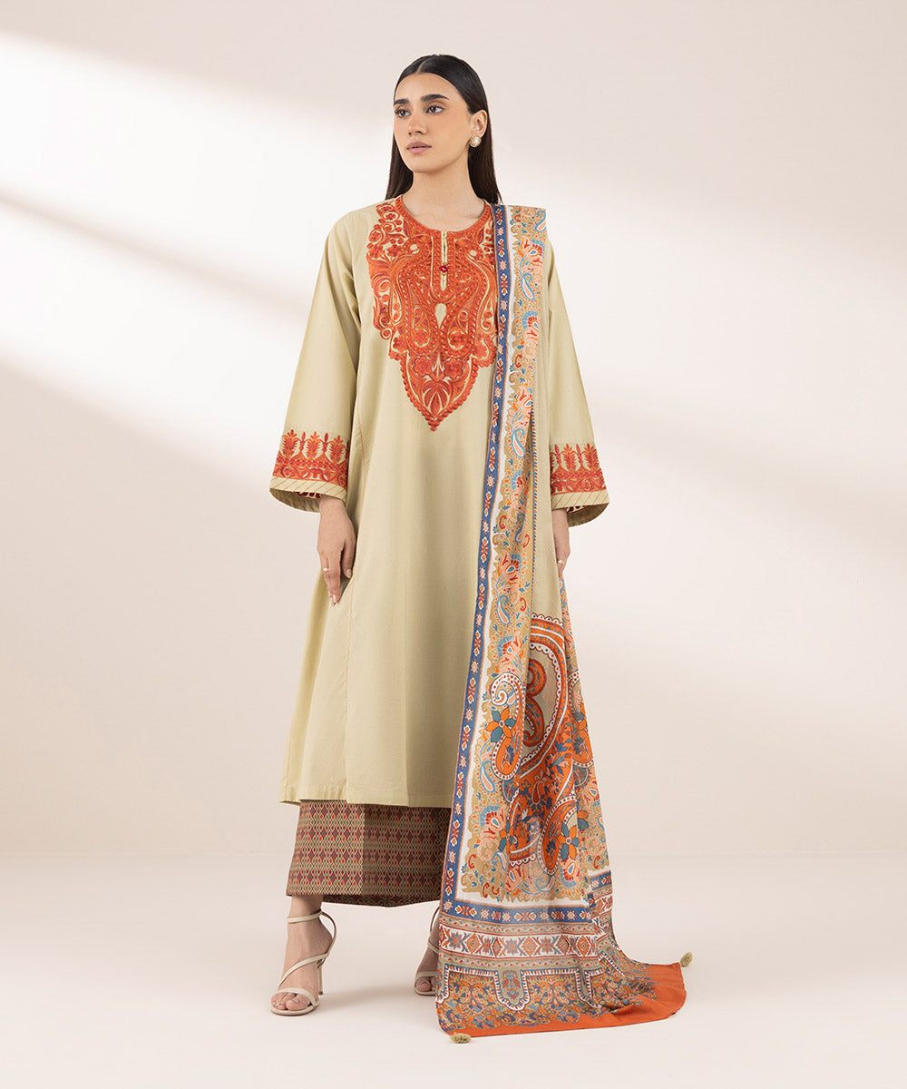 Women's RTW Textured Lawn Yellow Embroidered A-Line Shirt