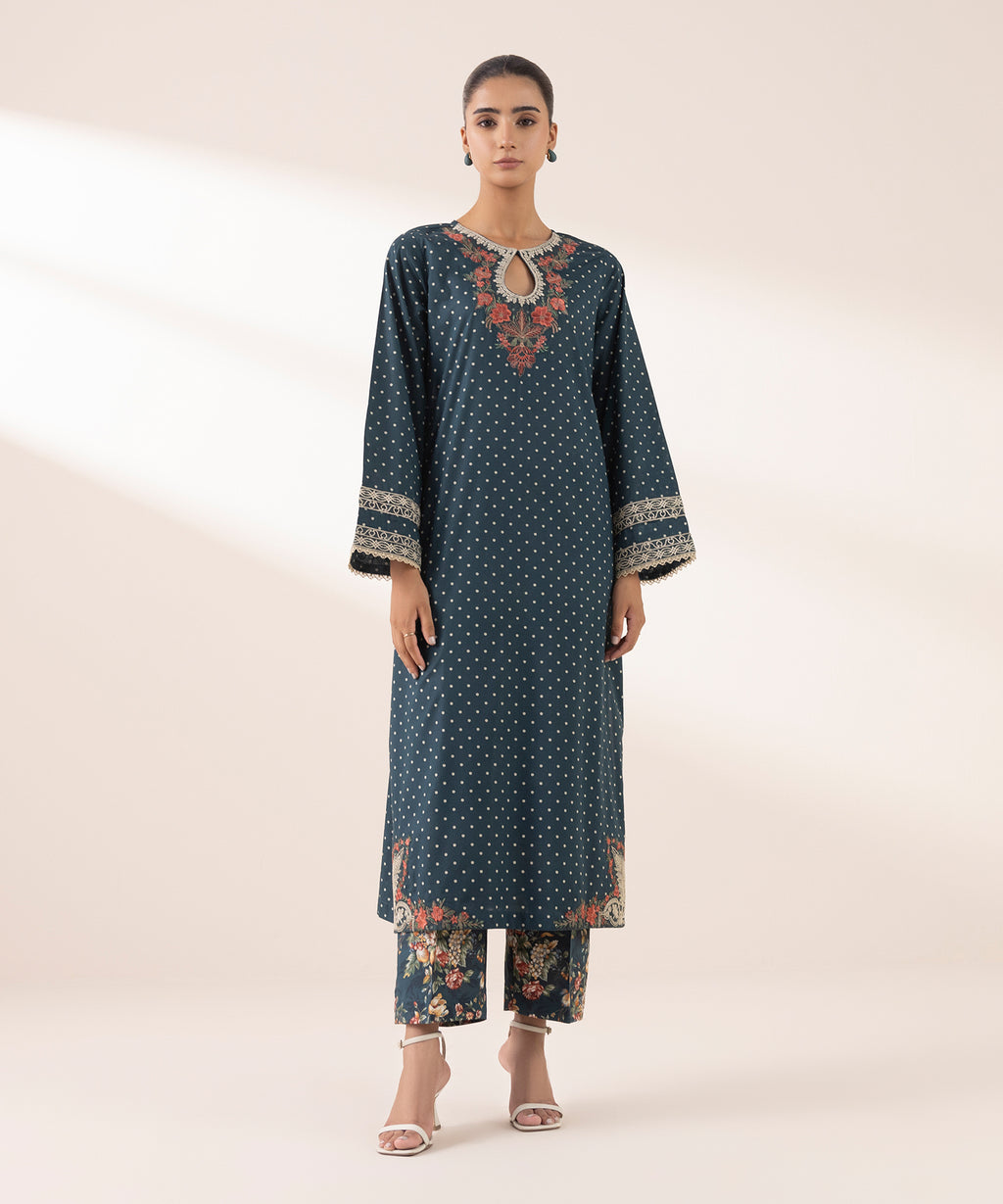 Women's RTW Lawn Green Embroidered A-Line Shirt