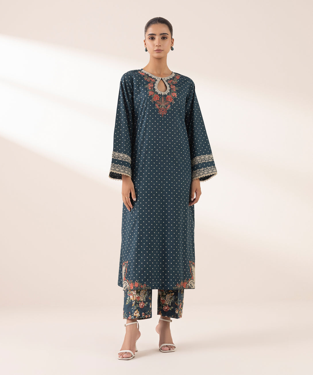 Women's RTW Lawn Green Embroidered A-Line Shirt