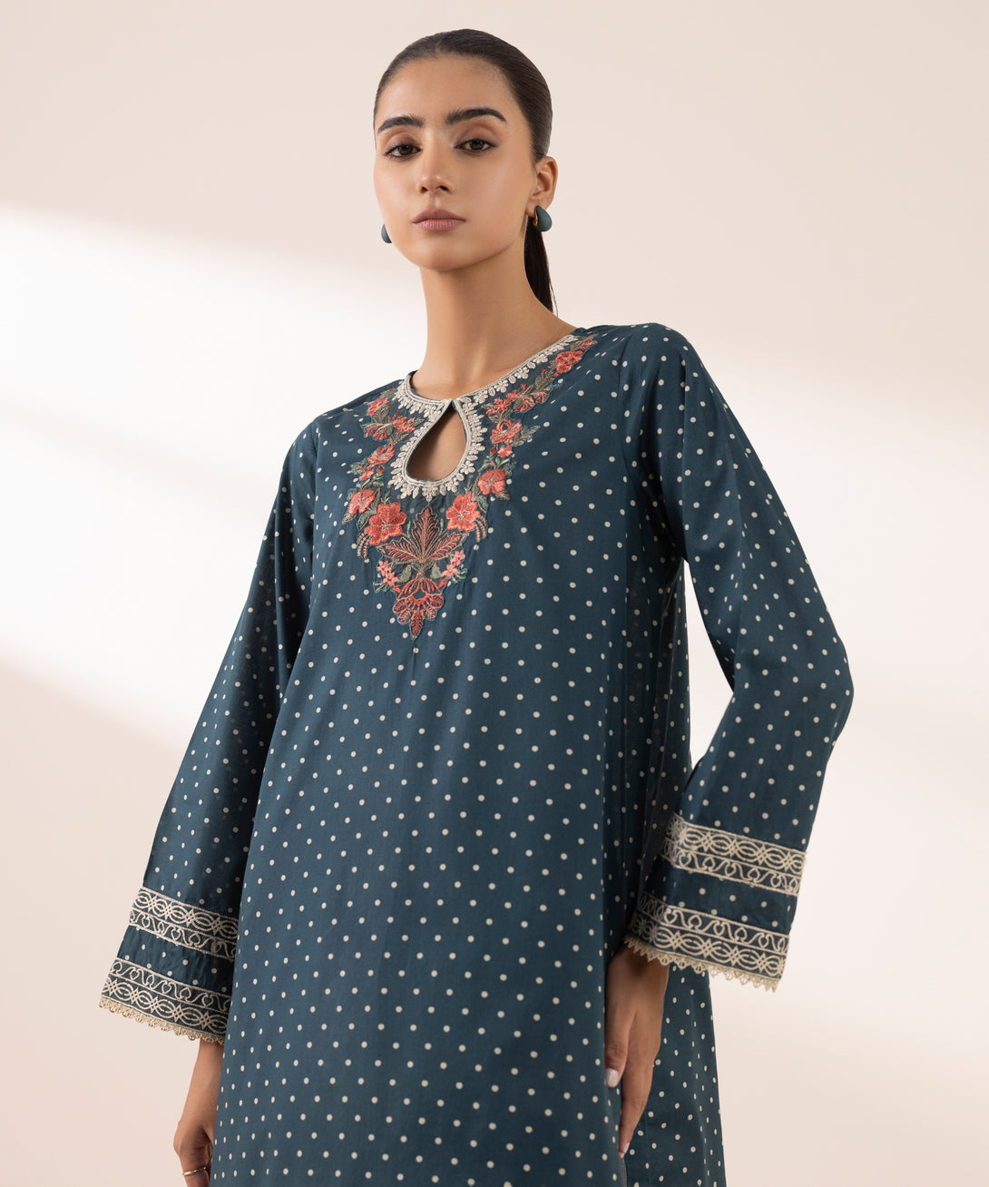 Women's RTW Lawn Green Embroidered A-Line Shirt