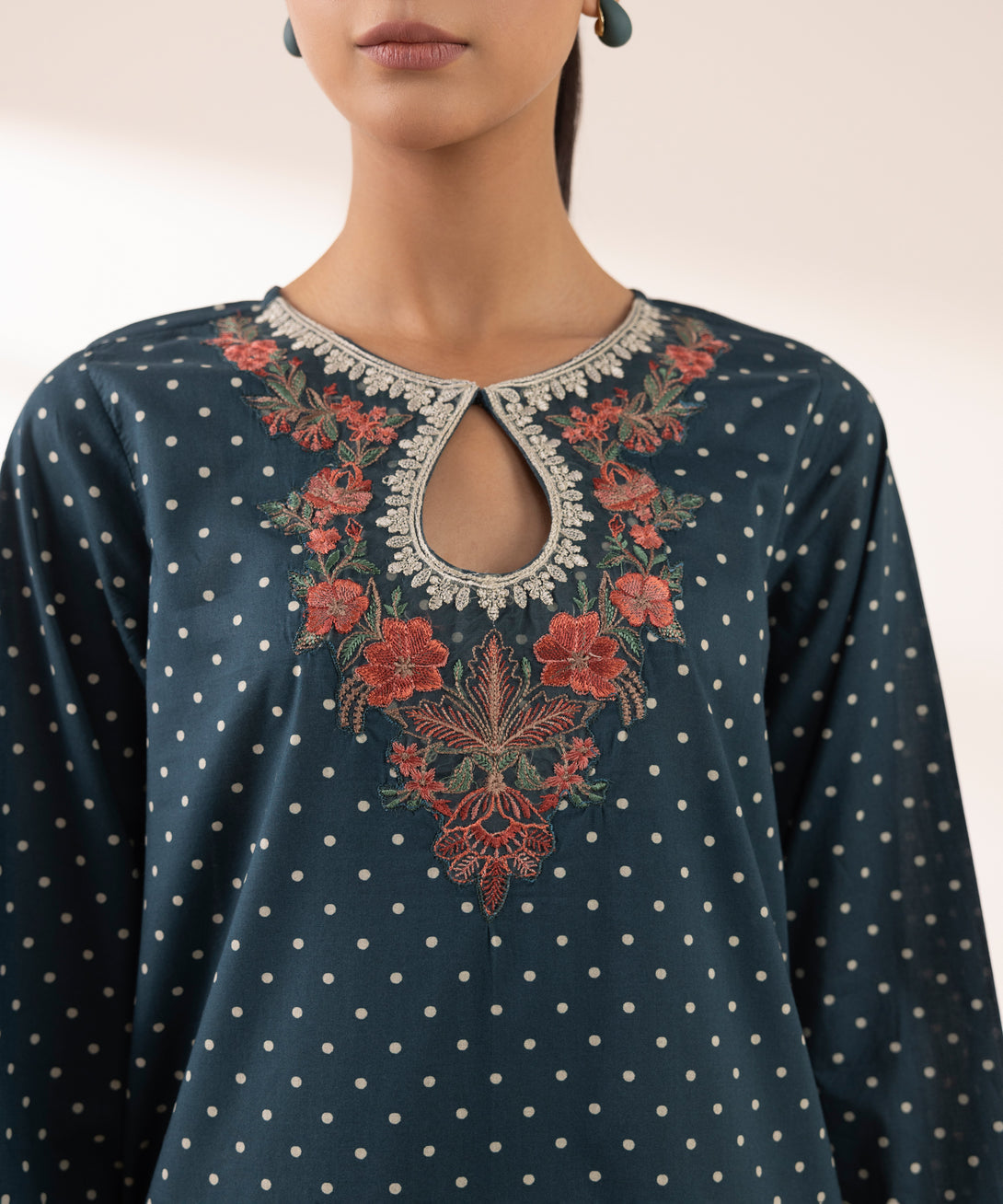 Women's RTW Lawn Green Embroidered A-Line Shirt
