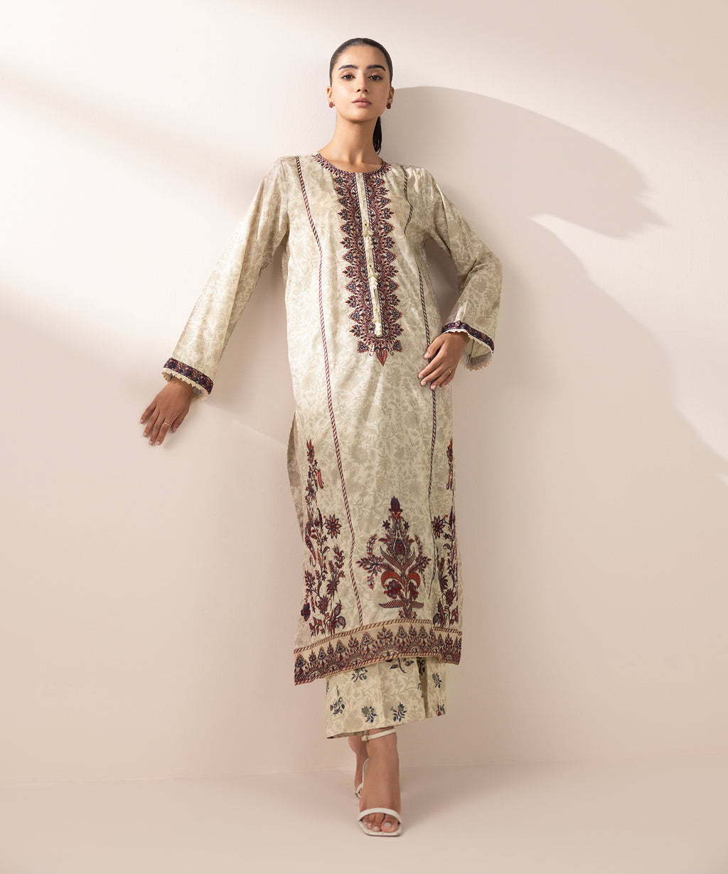 Women's RTW Lawn Off White Embroidered A-Line Shirt