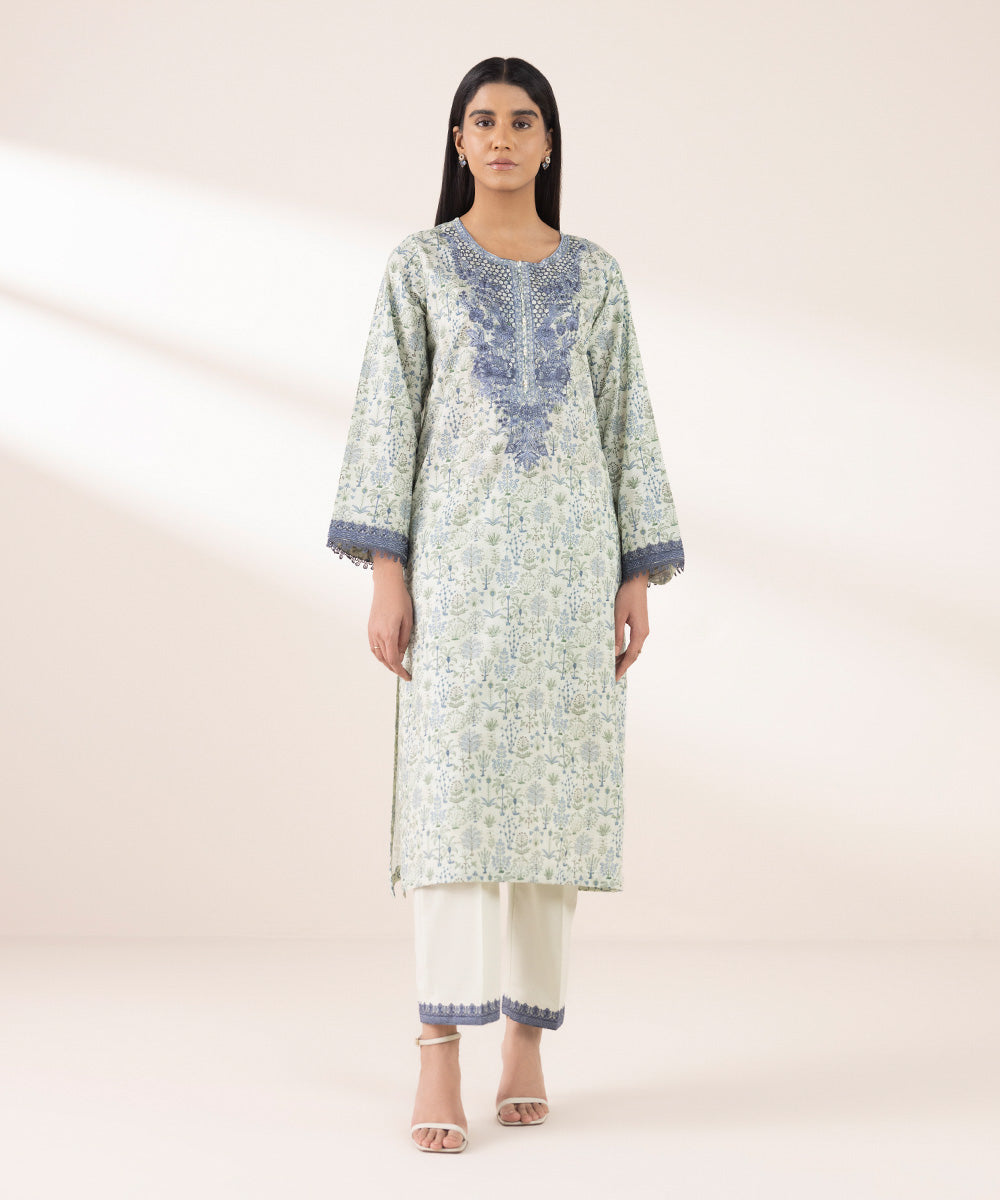Women's RTW Textured Lawn Blue Embroidered A-Line Shirt