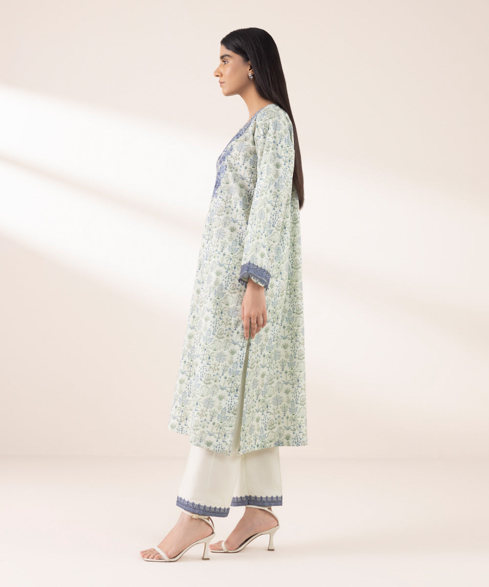 Women's RTW Textured Lawn Blue Embroidered A-Line Shirt