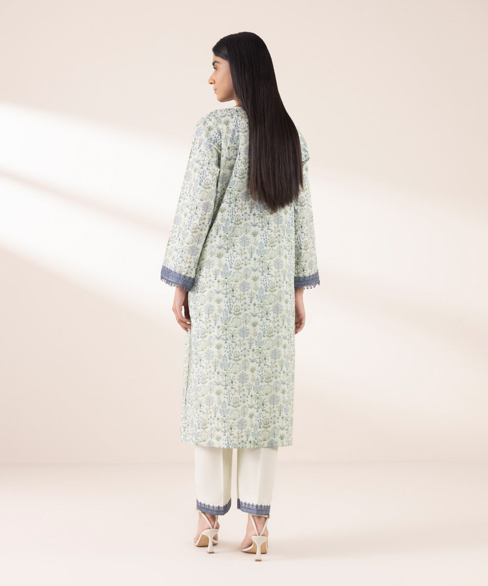 Women's RTW Textured Lawn Blue Embroidered A-Line Shirt