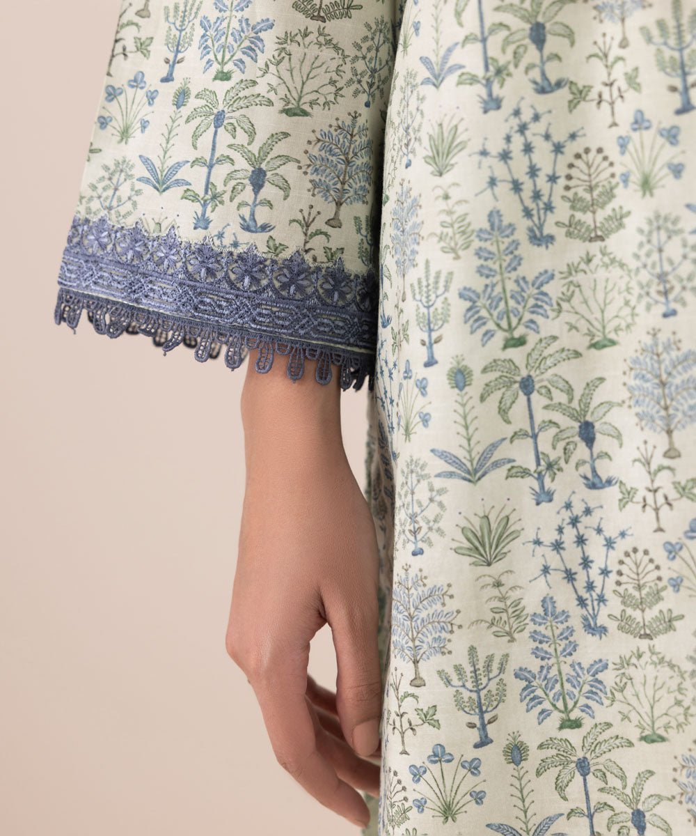 Women's RTW Textured Lawn Blue Embroidered A-Line Shirt