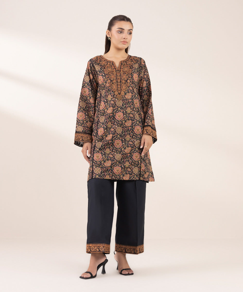 Women's RTW Textured Lawn Black Embroidered Boxy Shirt