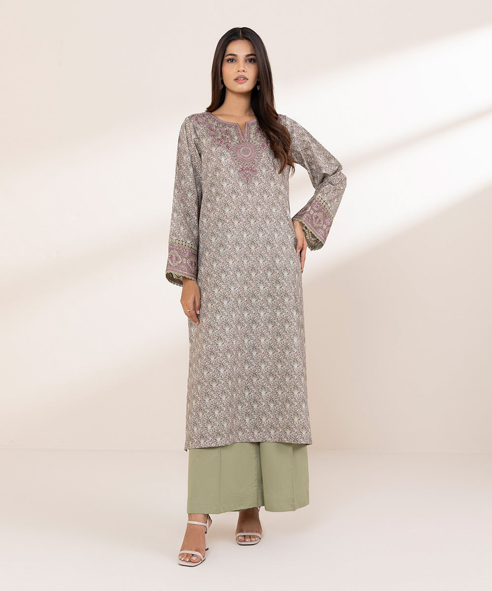 Women's RTW Textured Lawn Purple Embroidered A-Line Shirt