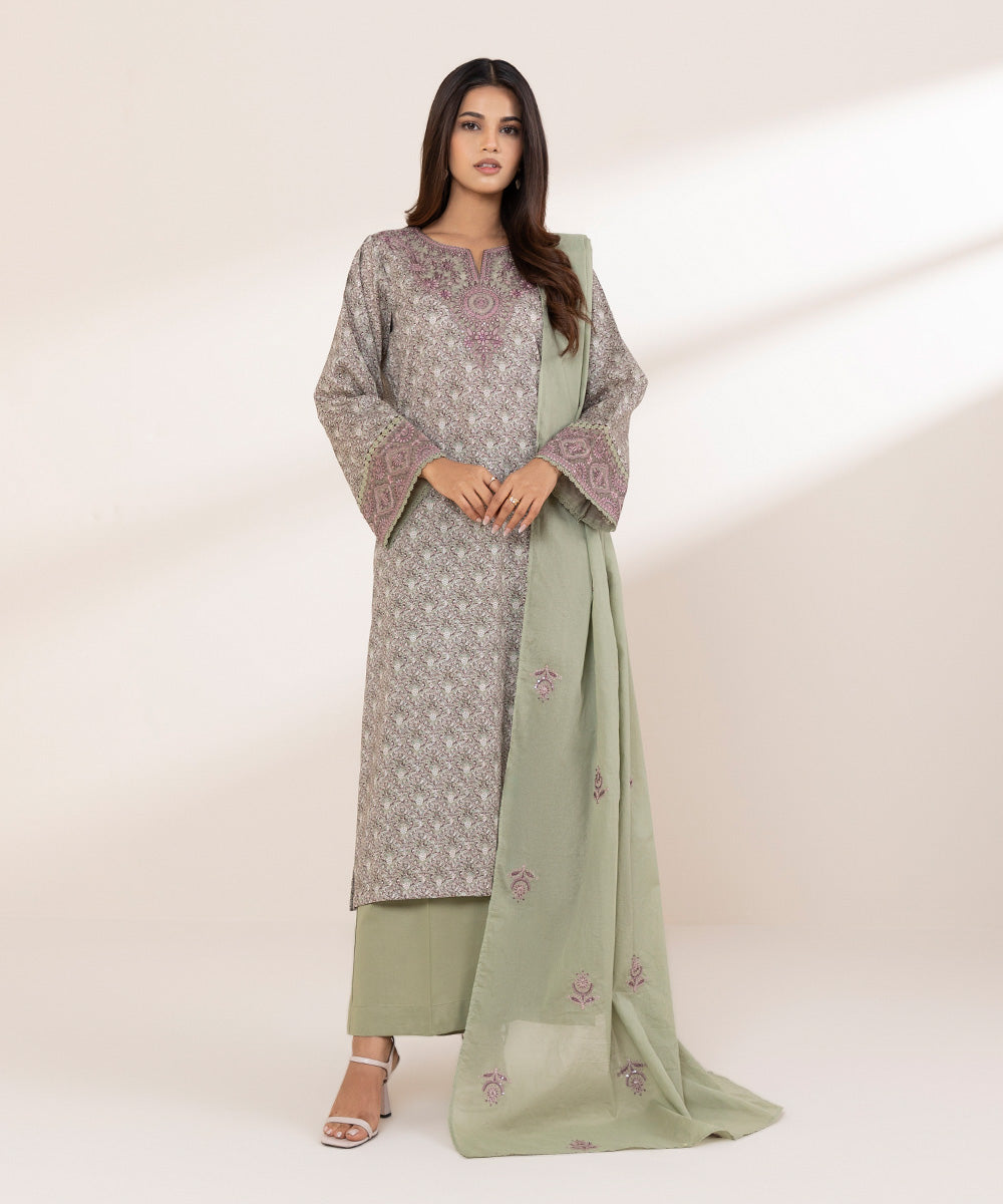 Women's RTW Textured Lawn Purple Embroidered A-Line Shirt