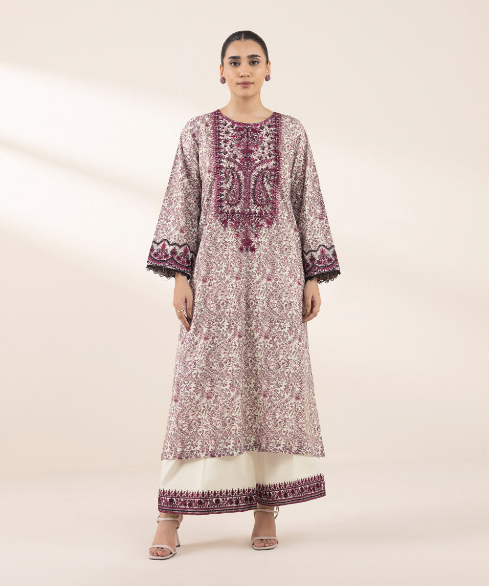 Women's RTW Textured Lawn Purple Embroidered A-Line Shirt