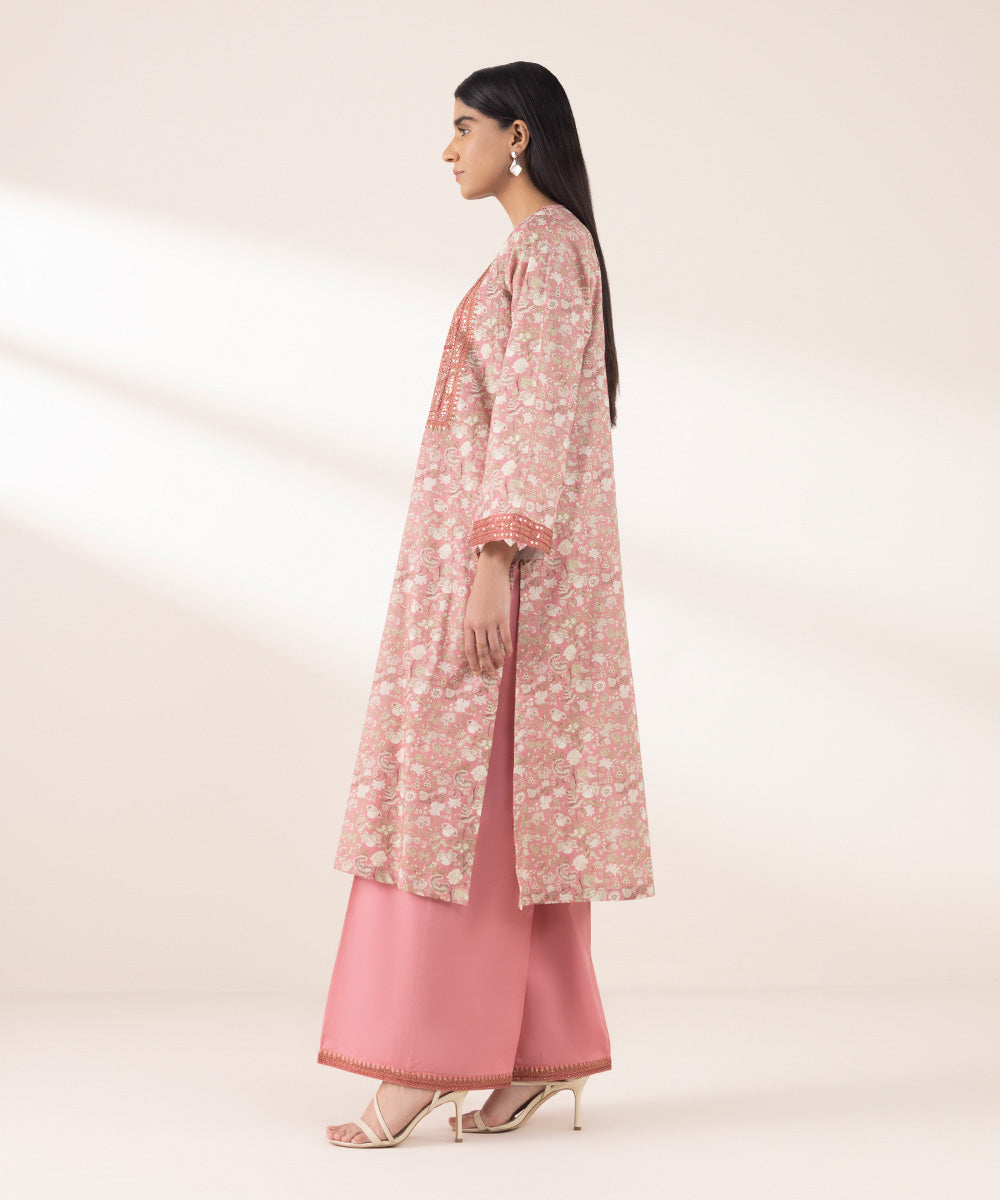 Women's RTW Textured Lawn Pink Embroidered A-Line Shirt