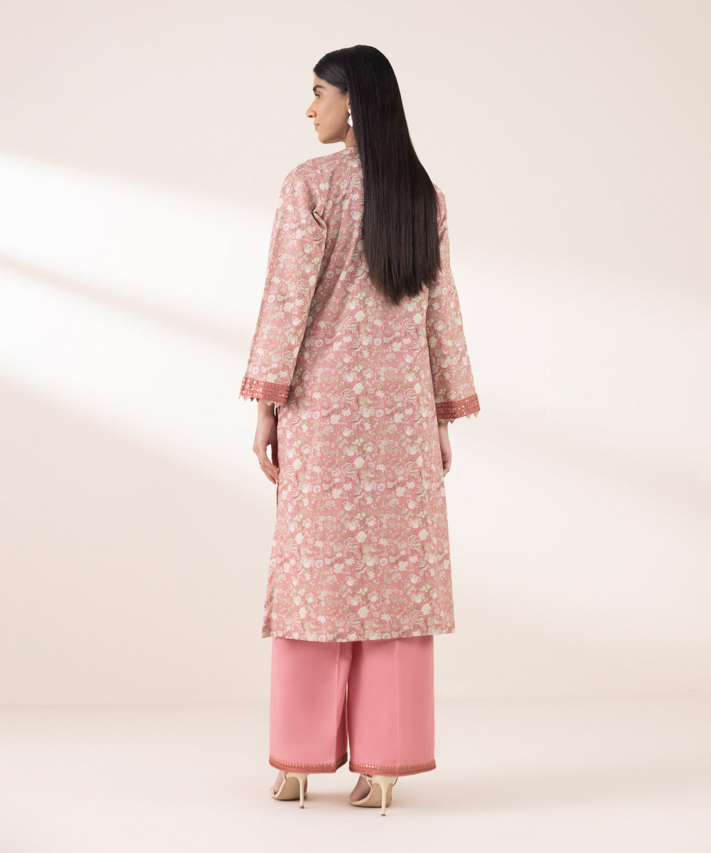 Women's RTW Textured Lawn Pink Embroidered A-Line Shirt
