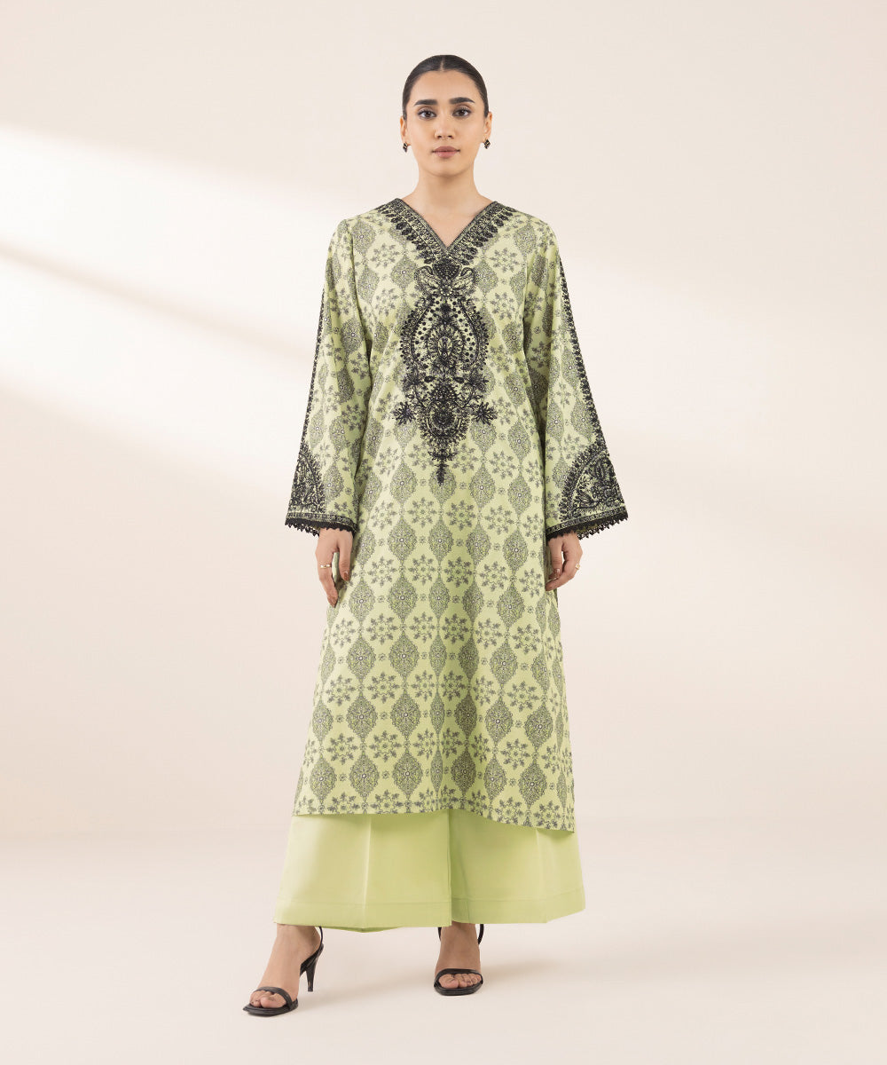Women's RTW Textured Lawn Green Embroidered A-Line Shirt