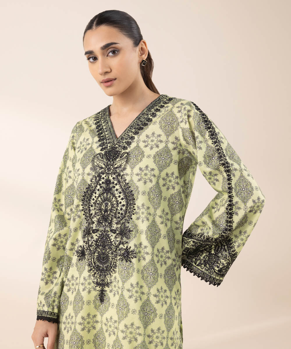 Women's RTW Textured Lawn Green Embroidered A-Line Shirt