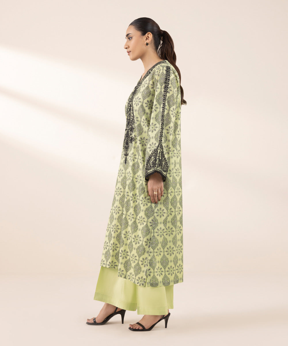 Women's RTW Textured Lawn Green Embroidered A-Line Shirt