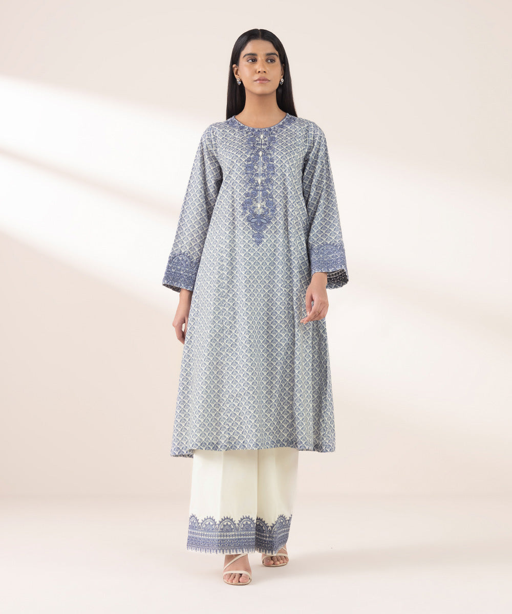 Women's RTW Textured Lawn Blue Embroidered A-Line Shirt