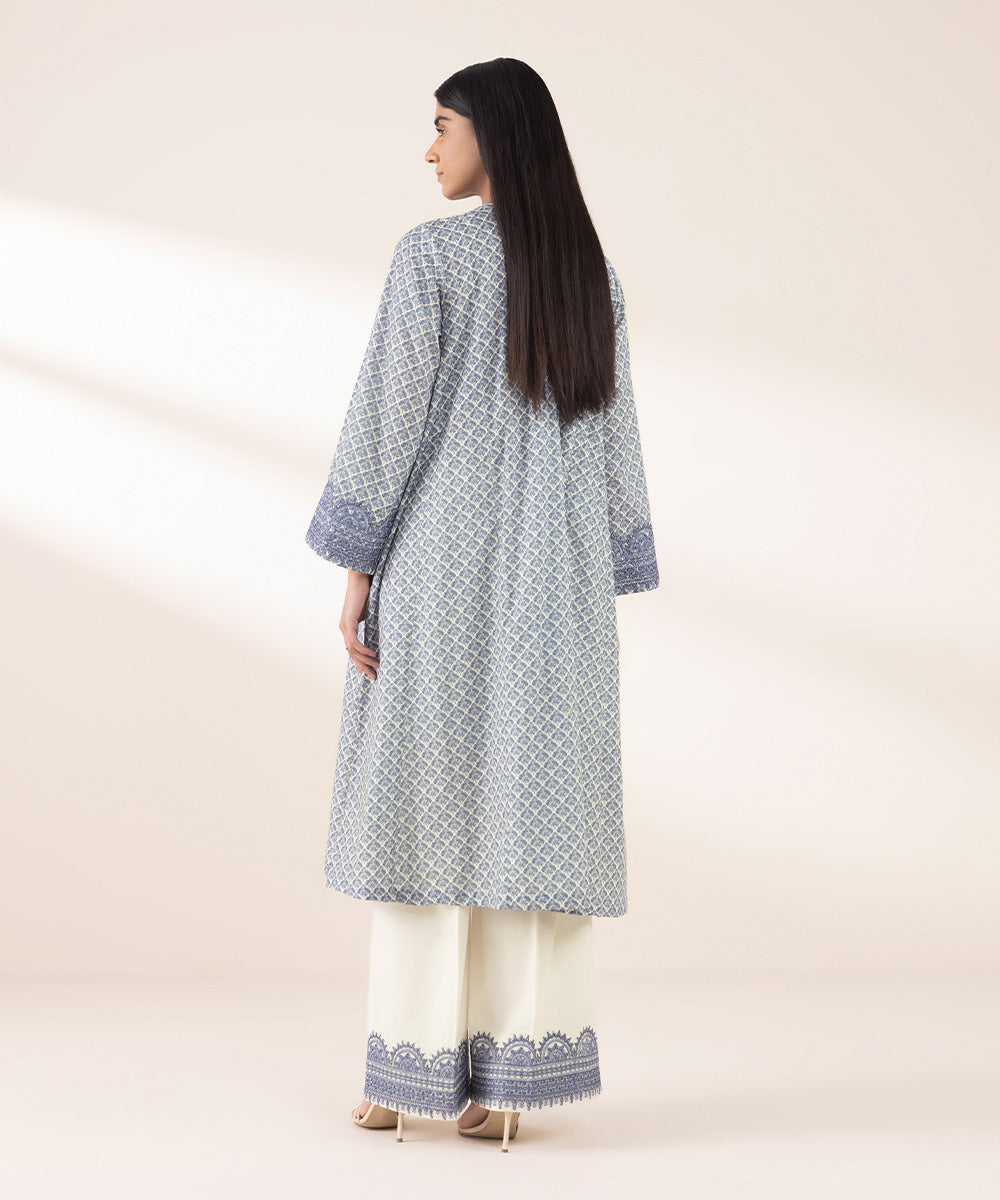 Women's RTW Textured Lawn Blue Embroidered A-Line Shirt