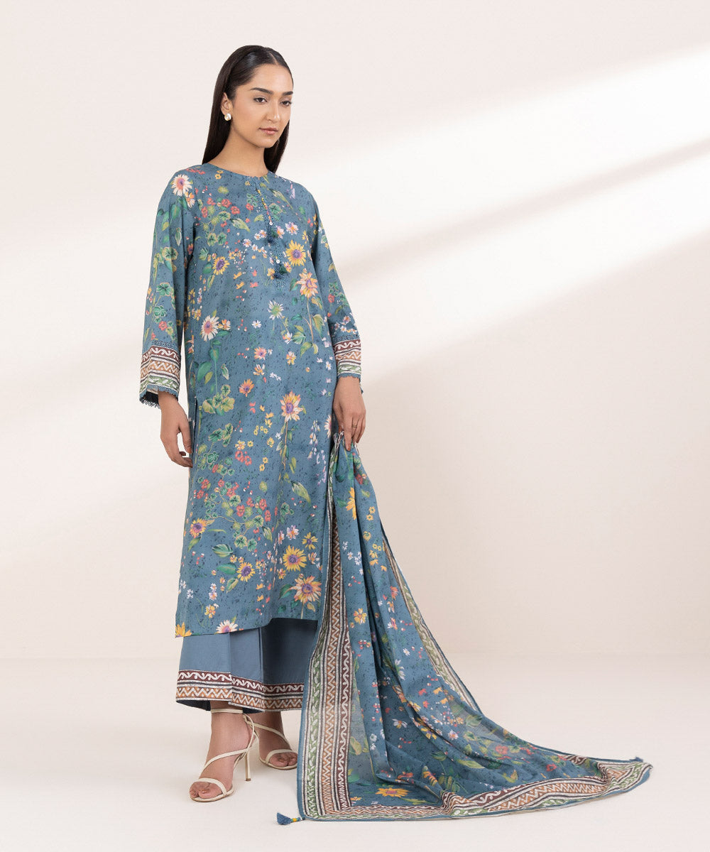 Textured Voile Blue Printed Dupatta