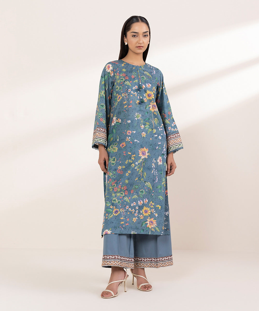 Women's RTW Lawn Blue Printed A-Line Shirt