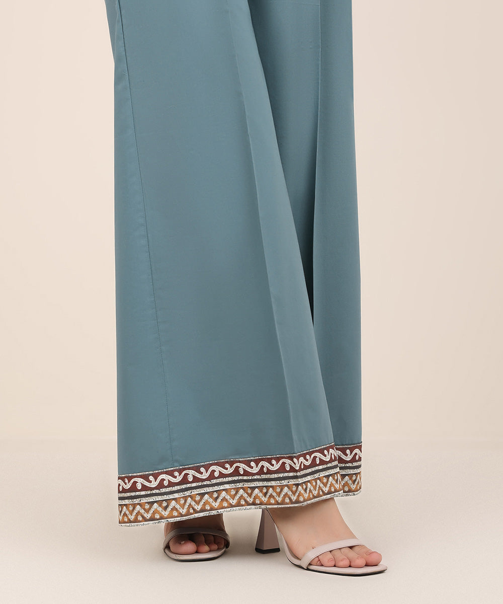 Women's RTW Cambric Blue Solid Flared Pants