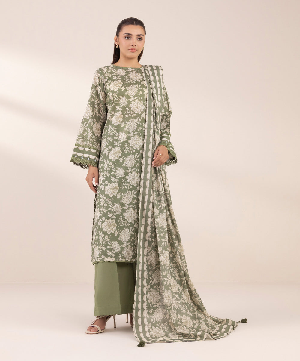 Textured Voile Green Printed Dupatta