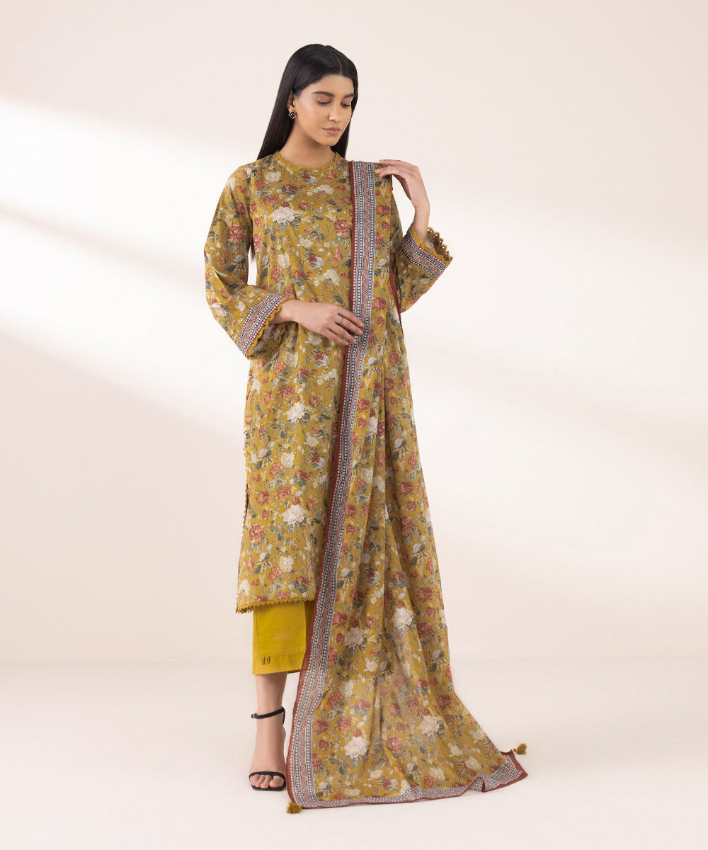 Textured Voile Yellow Printed Dupatta