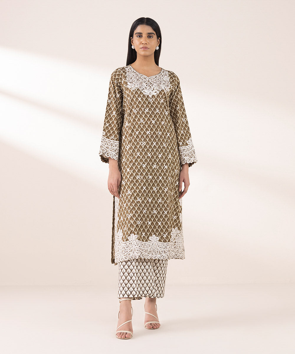 Women's RTW Lawn Brown Embroidered A-Line Shirt