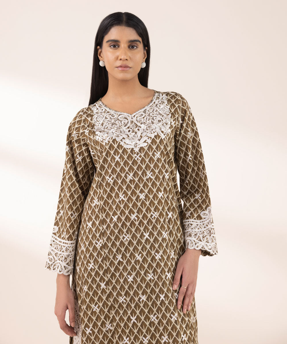 Women's RTW Lawn Brown Embroidered A-Line Shirt