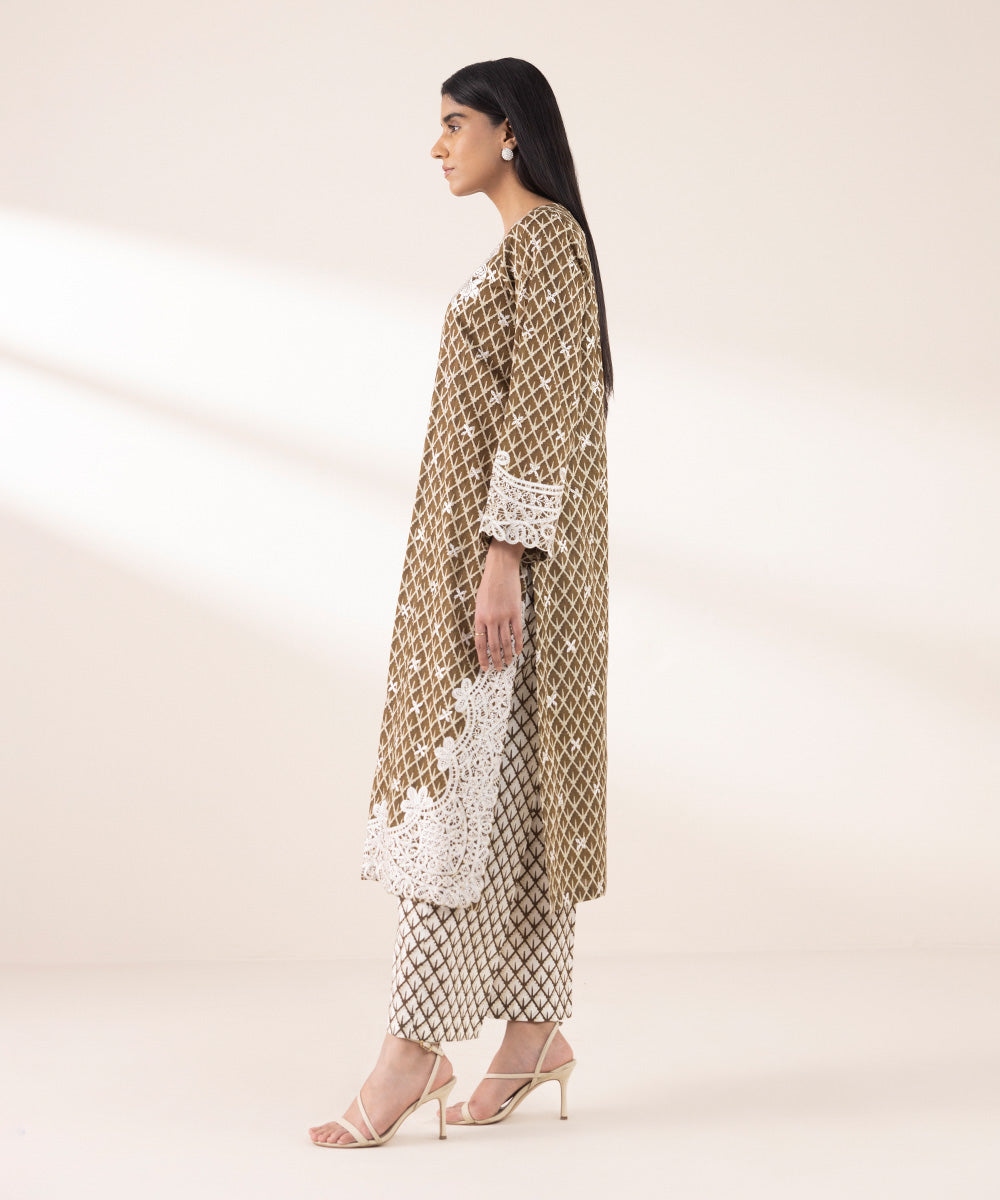 Women's RTW Lawn Brown Embroidered A-Line Shirt