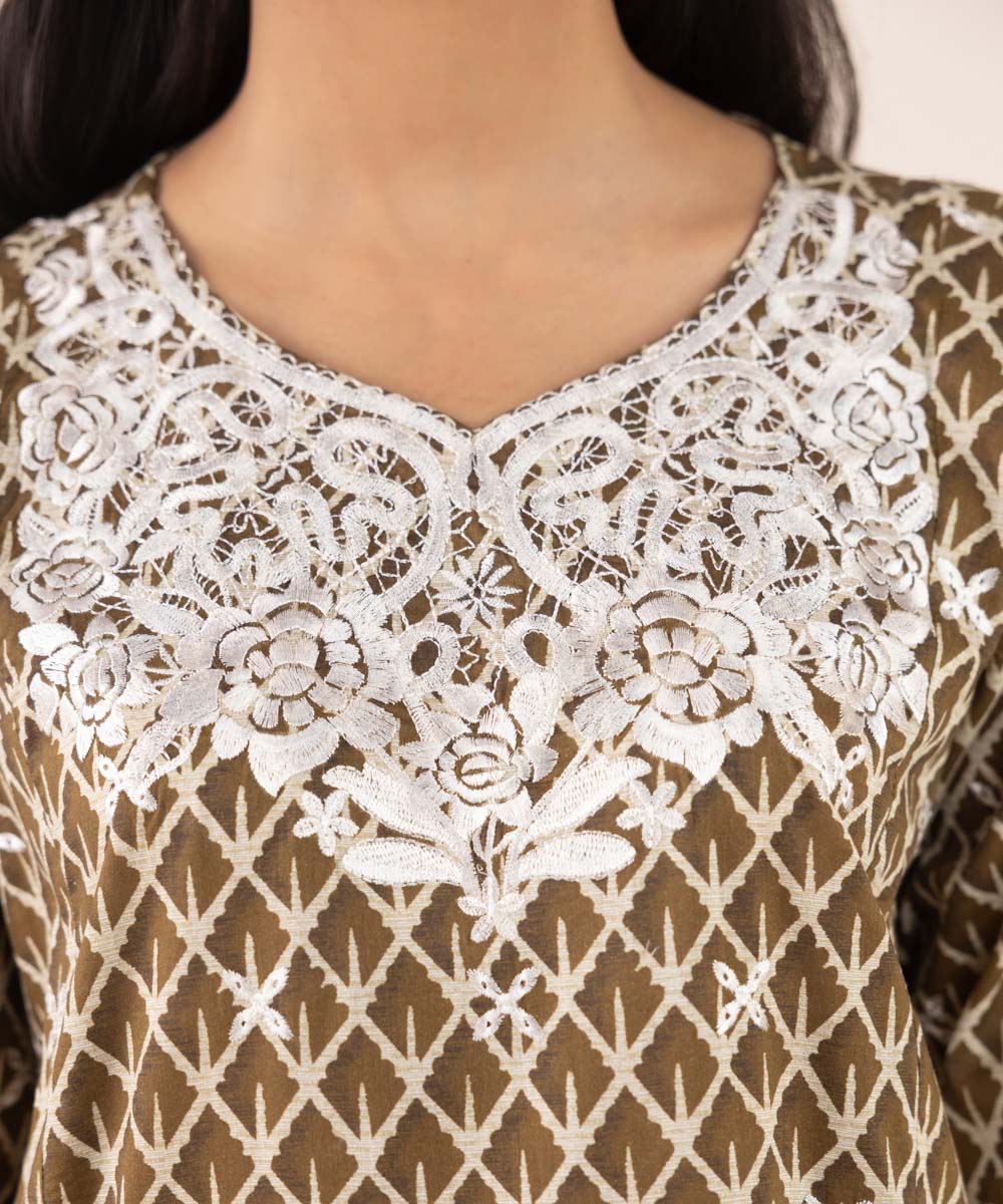 Women's RTW Lawn Brown Embroidered A-Line Shirt