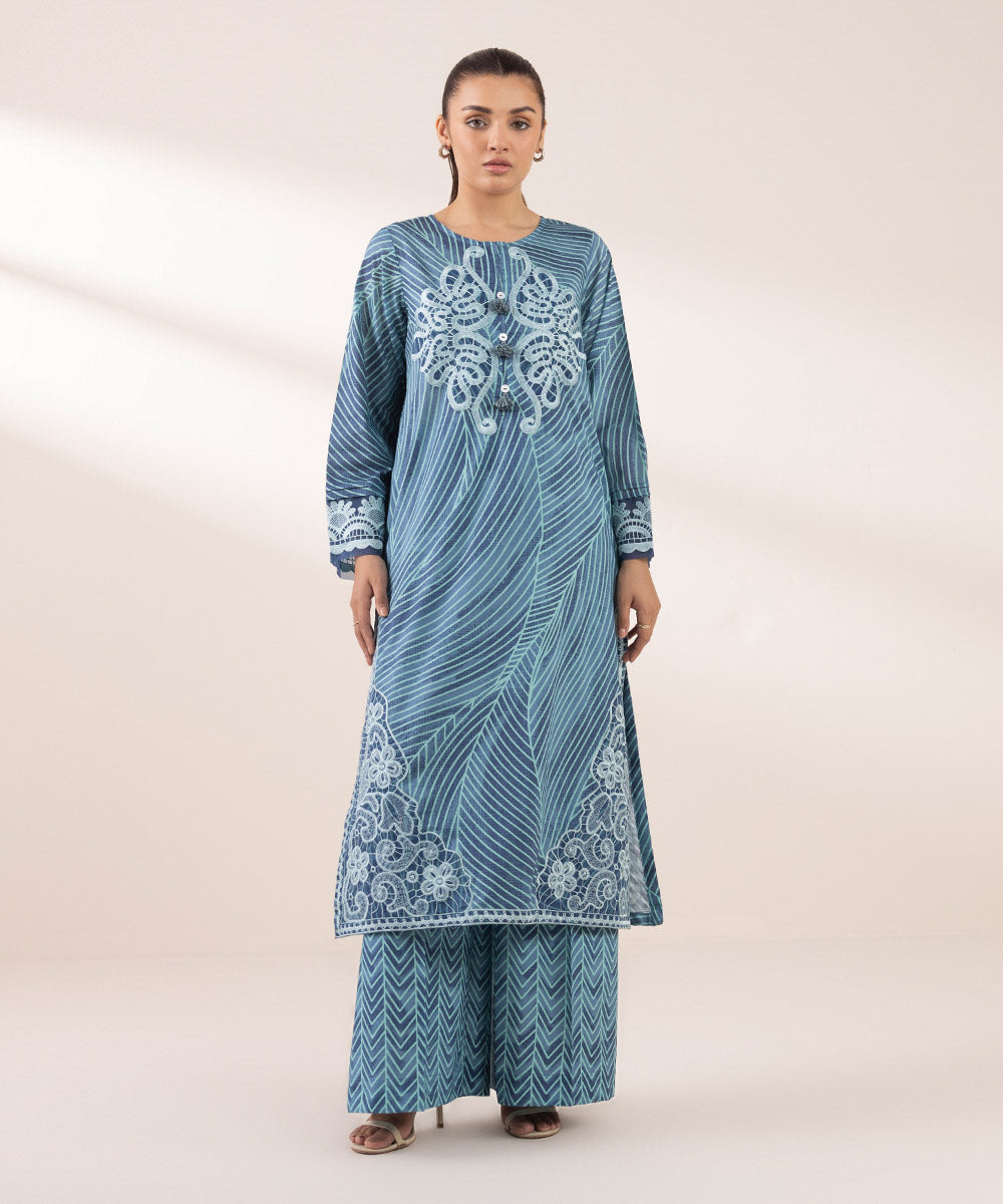 Women's RTW Lawn Blue Embroidered A-Line Shirt