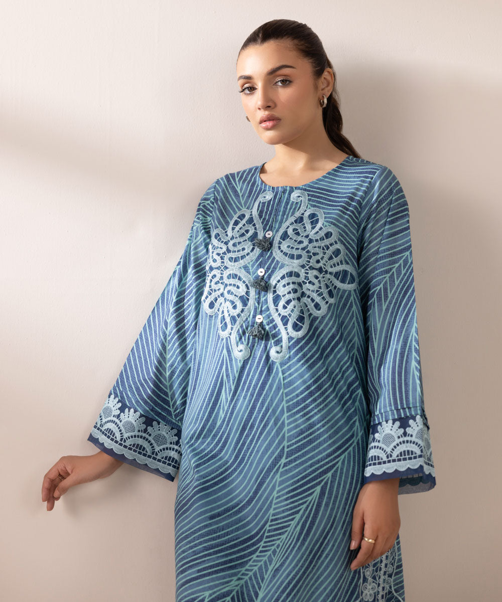 Women's RTW Lawn Blue Embroidered A-Line Shirt