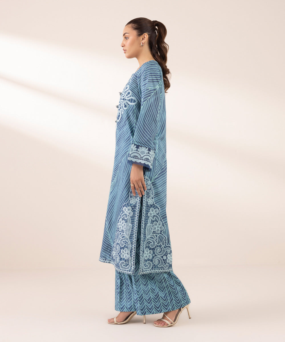 Women's RTW Lawn Blue Embroidered A-Line Shirt
