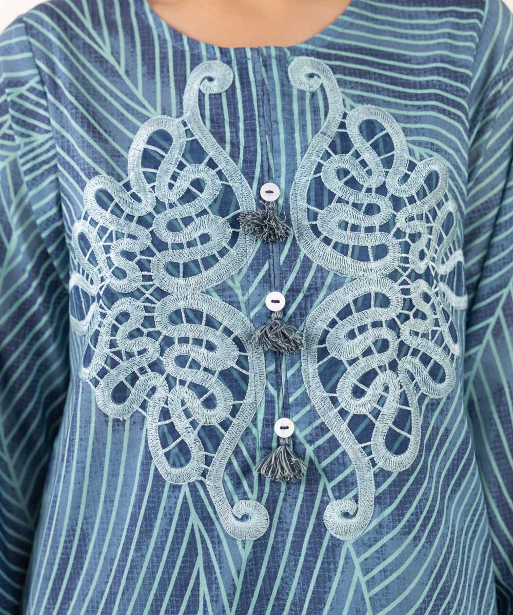 Women's RTW Lawn Blue Embroidered A-Line Shirt