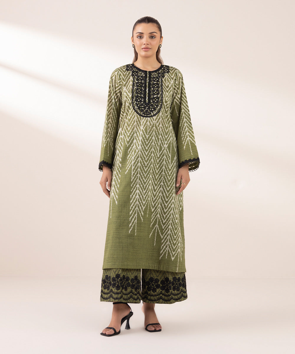 Women's RTW Lawn Green Embroidered A-Line Shirt