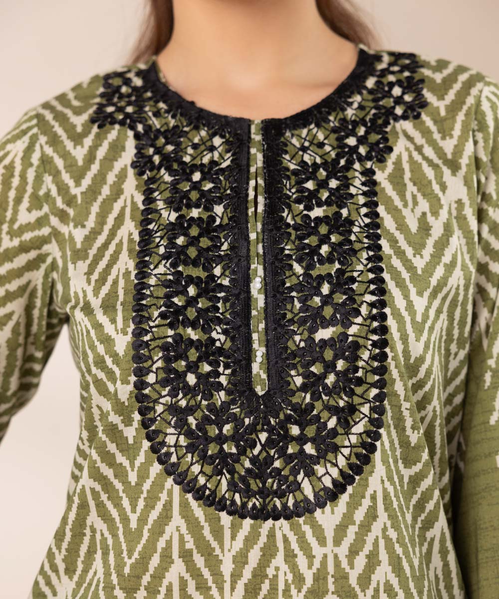 Women's RTW Lawn Green Embroidered A-Line Shirt