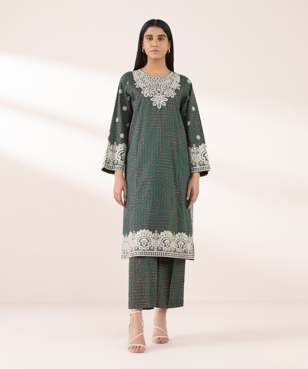 Women's RTW Lawn Green Embroidered A-Line Shirt