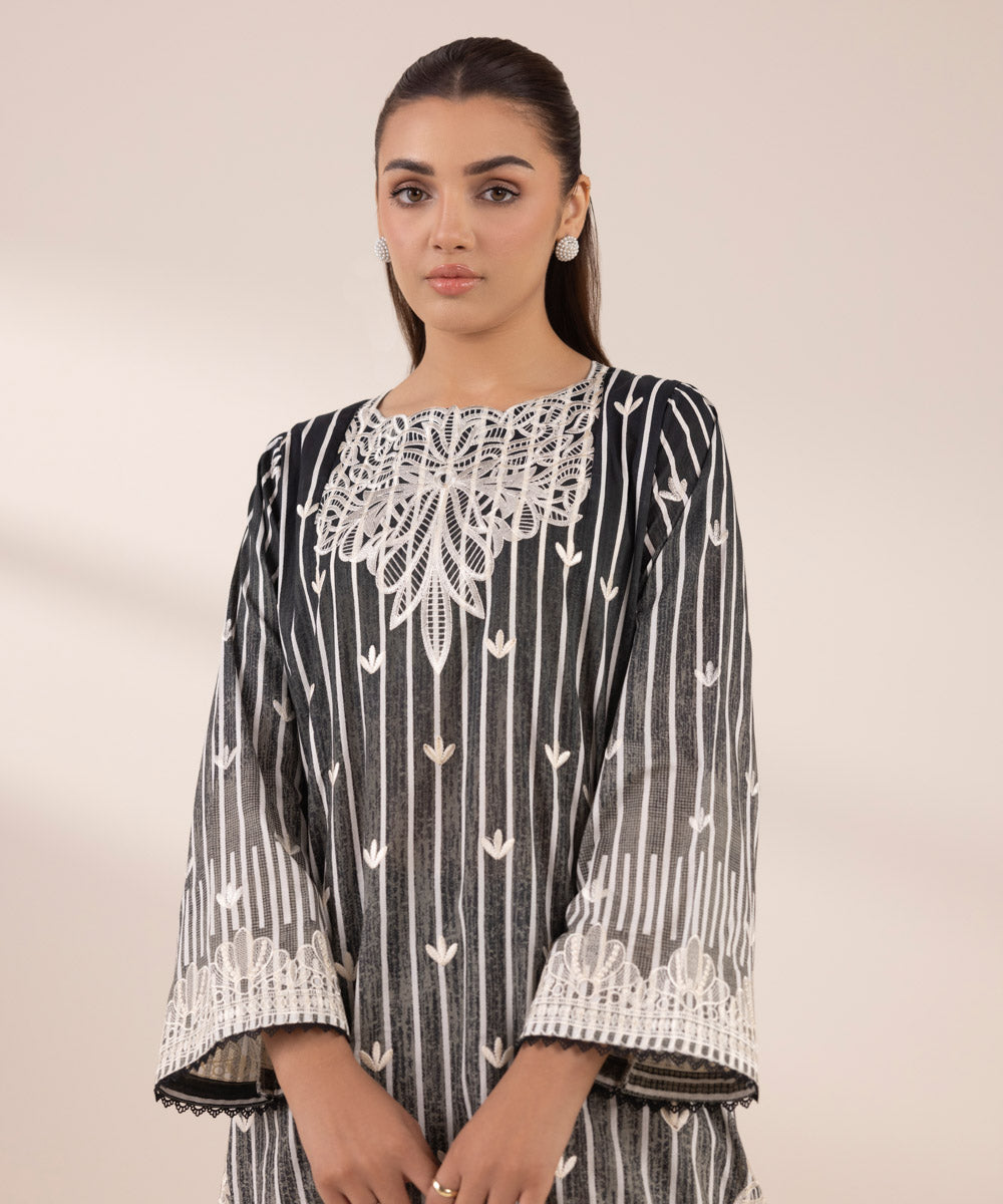 Women's RTW Lawn Black Embroidered Boxy Shirt