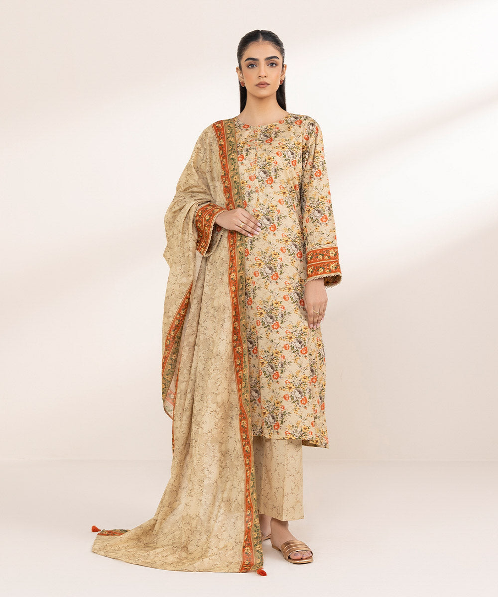 Lawn Beige Printed Dupatta