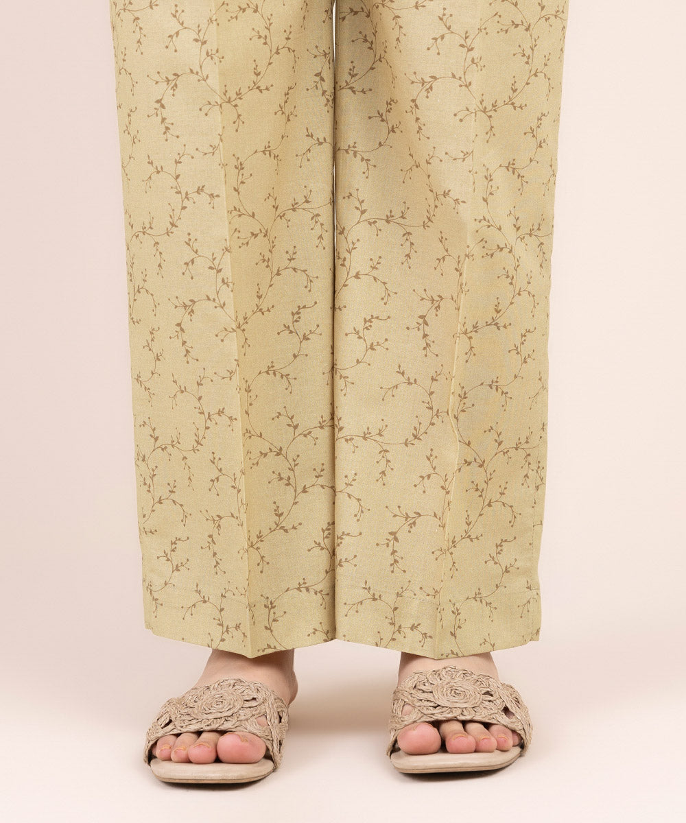 Women's Pret Cambric Beige Printed Straight Pants