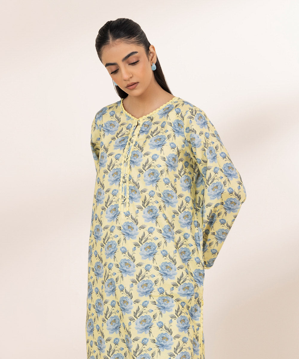 Women's Pret Cambric Yellow Printed Straight Shirt